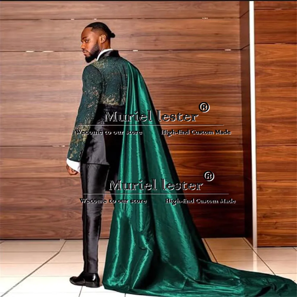 Jacquard Suits Men For Wedding Double Breasted Jacket With Cape Formal Business Man Jacket Pants 2 Piece Groom Tuxedo Customized