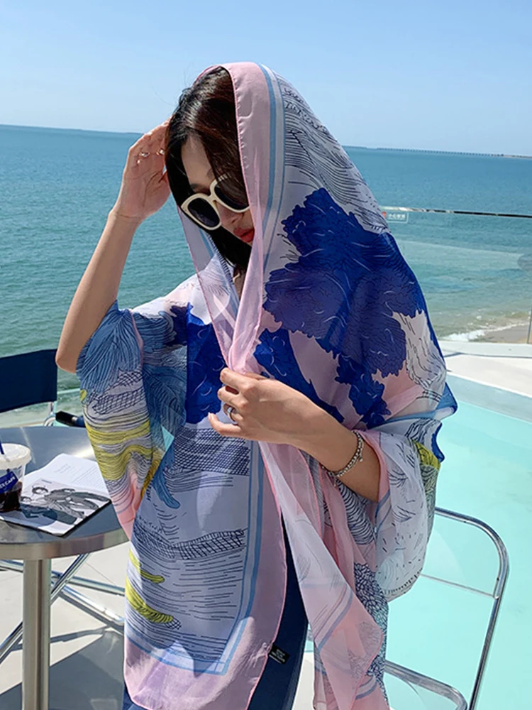 Sweet Girly Beach Women Silk Scarf Shawls Wild Sun Protection Print Perspective Thin Female Long Wrap Sunscreen Bandana Hijab