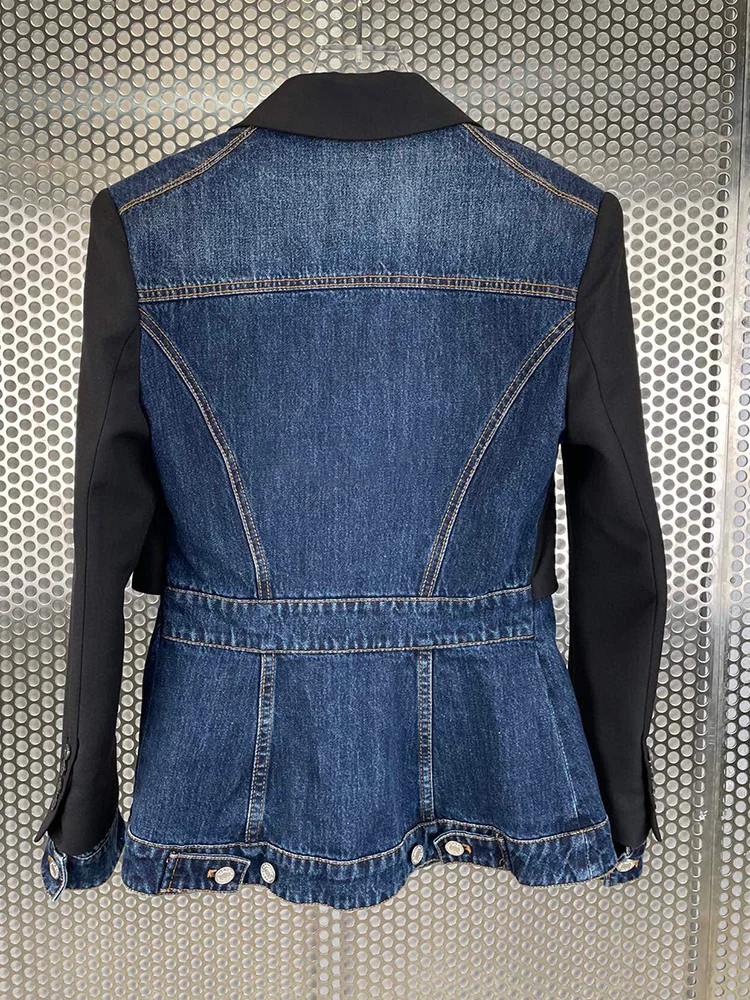 KBQ Patchwork Denim Blazer For Women Notched Collar Long Sleeve Tunic Chic Colorblock Blazer Female Autumn Fashion Clothing New