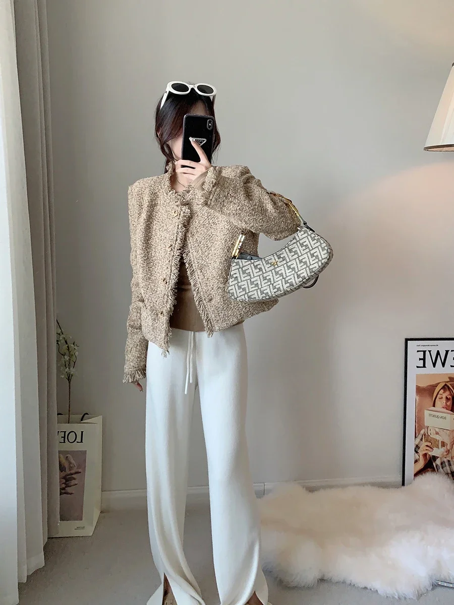 Fashion Commute Style Solid Color Long Sleeve Round Neck Women's Coat 2023 Autumn and Winter Sweet Tweed Short Women Outerwear