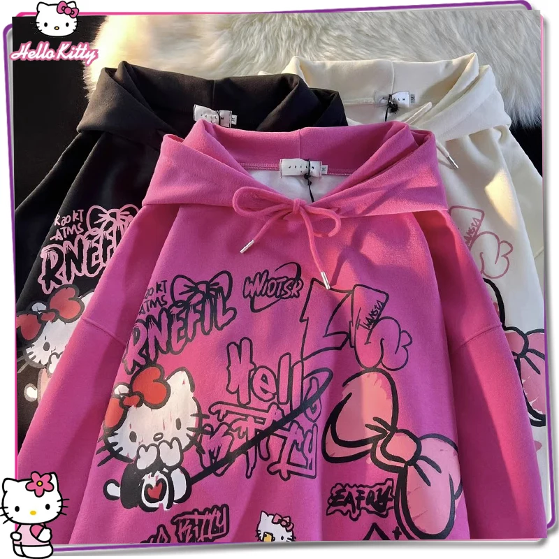 

New Sanrio Hello Kitty Cartoon Top Women's Autumn/winter Hoodie Loose Print Kt Cat Sweatshirt Y2K Girls' Fashion Pullover Gift