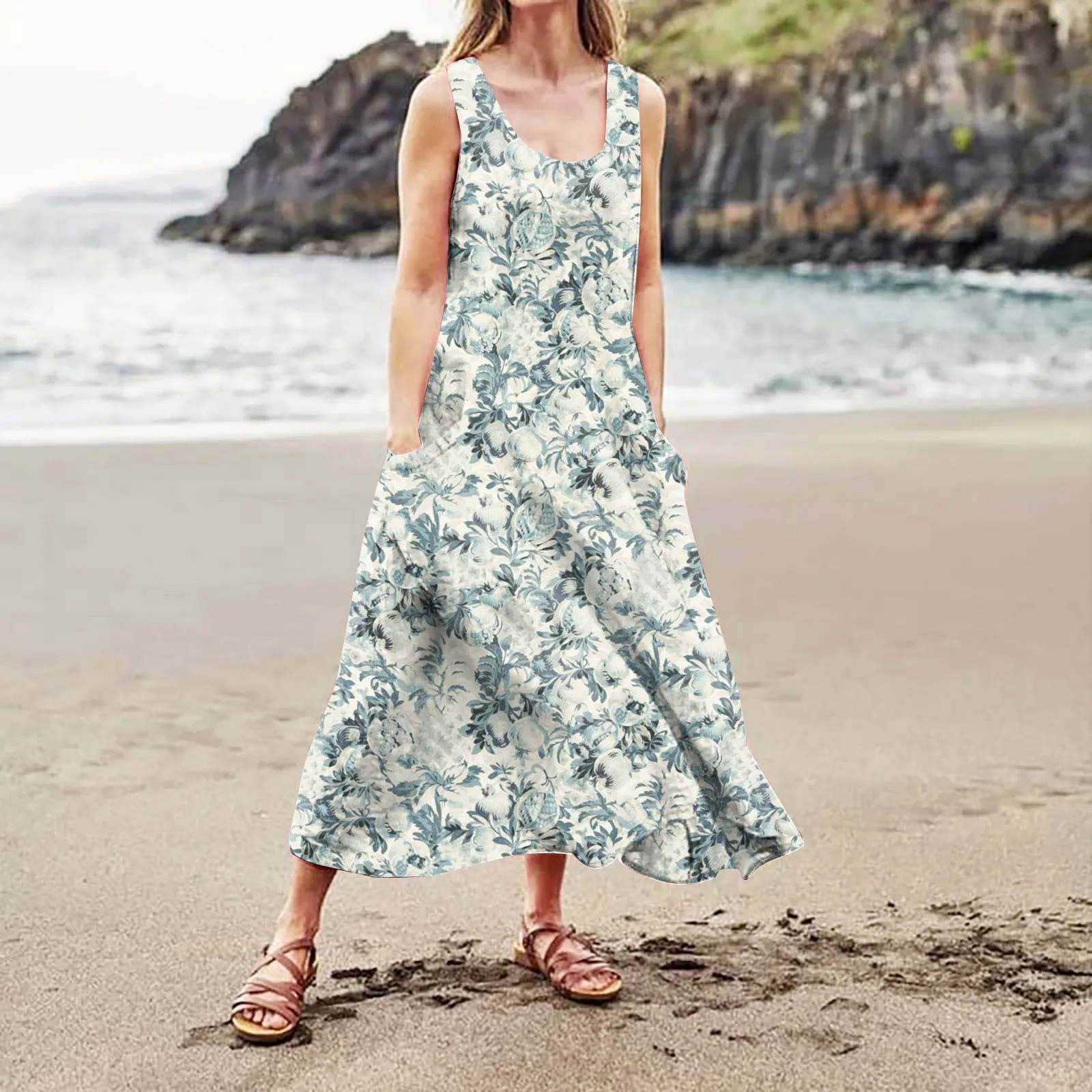 

Женское Платье до щиколотки, с V-образным вырезом, без рукавов