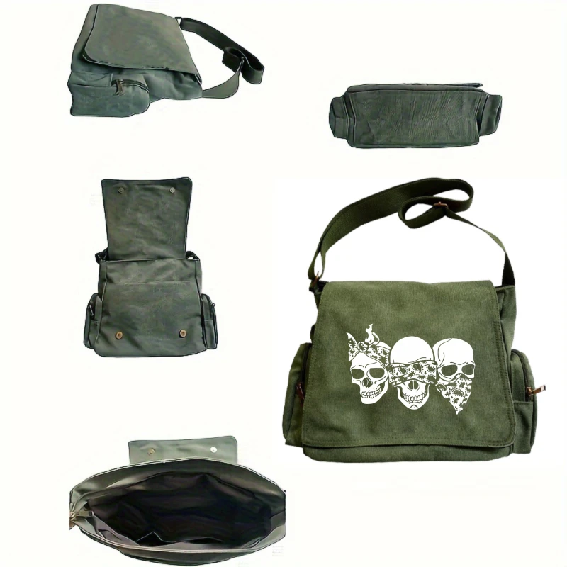 Retro Men's Crossbody Bag Skull Print Canvas Large Capacity Women's Bag for Travel Messenger Bag