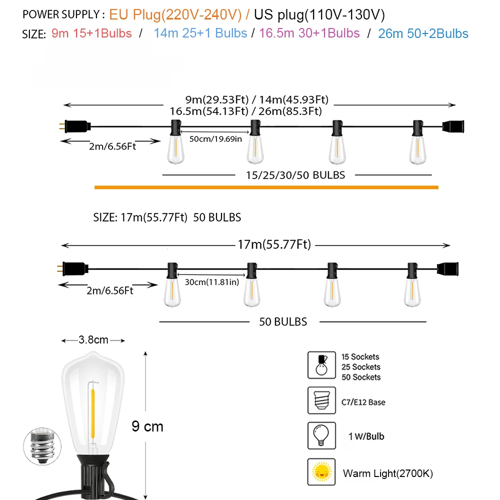 LED 스트링 조명, 야외 ST38 꽃줄 파티오 조명, 요정 화환, 정원 테라스 웨딩 캠핑 파티 장식