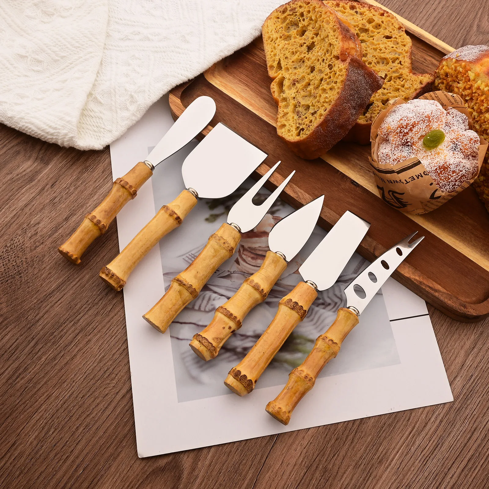 6Pcs Dinnerware Set Silver Natural Bamboo Handle Cheese Knife Stainless Steel Cutter Set Kitchen Accessories cheese knife