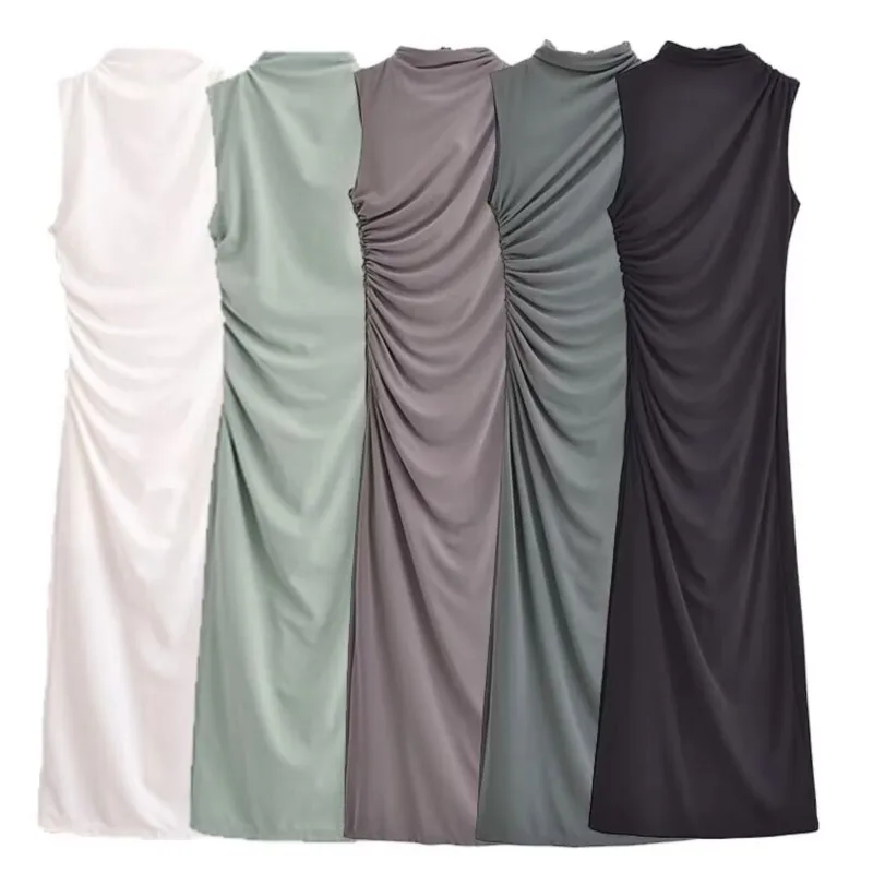

Hip Wrapped Midi Skirt for Women 2024 New Spring Summer Sleeveless Stand Slim Fit Sexy Back Zipper Solid Color Long Dress