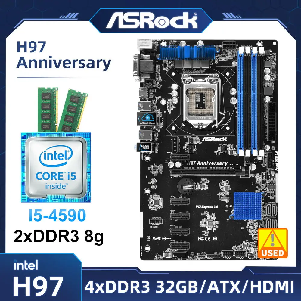 Set Scheda Madre Lga 1150 Kit Scheda Madre Anniversario Asrock H97 Con Cpu I5-4590 + Ddr3 8G * 2 Ram Intel H97 Usb 3.1 Pci-E 3.0 Atx