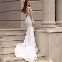 Vintage Wedding Dresses Simple Bridal Gowns Satin Sheath Mermaid Lace Appliques Full Sleeves V-Neck Vestidos De Novia Customized 2
