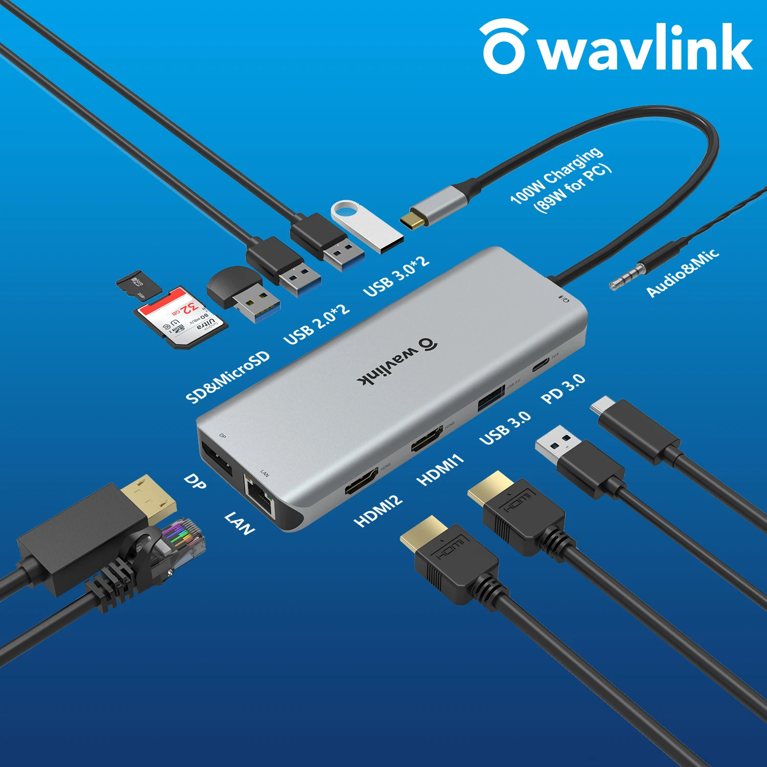 Wavlink-USB-C Docking Station, exibição tripla, USB C