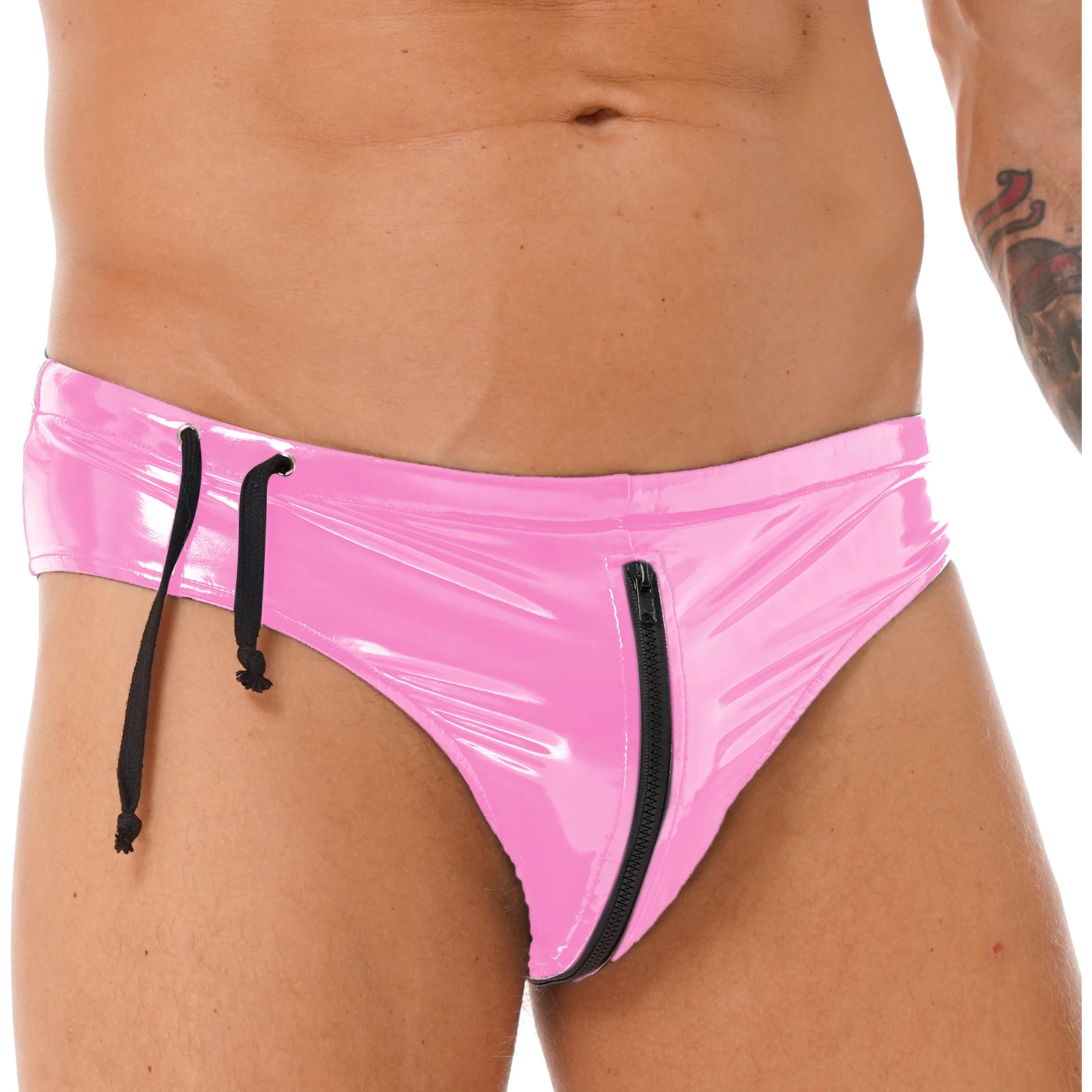 

Man Latex Lingerie Underwear Drawstring Low Waist Zipper Briefs Wet Look Patent Leather Underpants Club Stage Show Sexy Costume