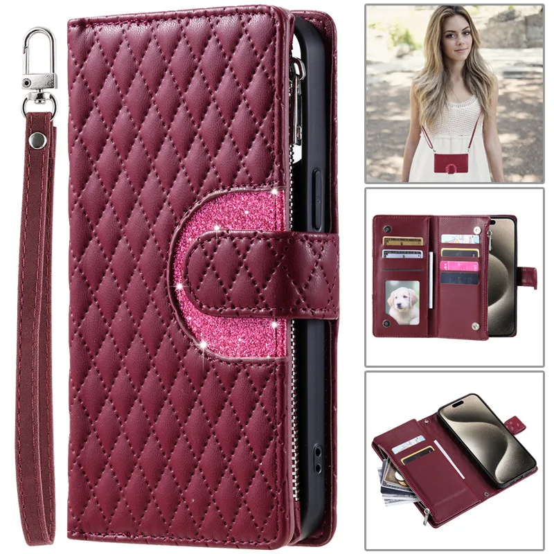 Premium Flip Leather Phone Case with Long Lanyard and Zipper Wallet Card Holder