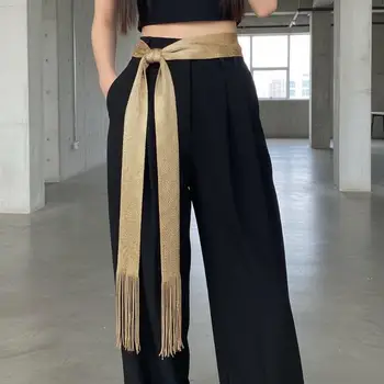 Sciarpa in tessuto con frange e nappe, lunga e fluida, tinta unita, cintura a fascia per la vita, accessorio elegante per le vacanze in stile orientale