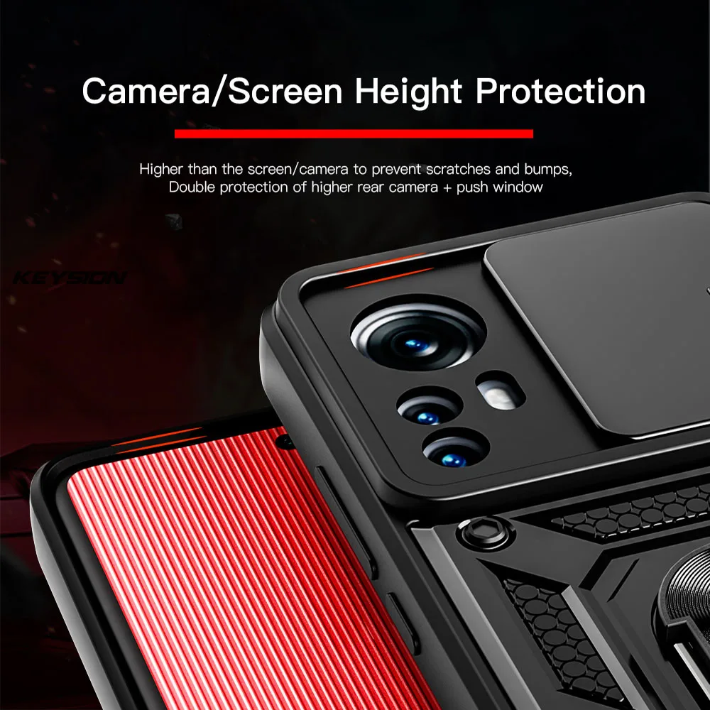 KEYSION Shockproof Case for Xiaomi 12 Lite 12S Pro Ring Stand Push Pull Camera Protection Phone Cover for Xiaomi Mi 12 Pro 12X