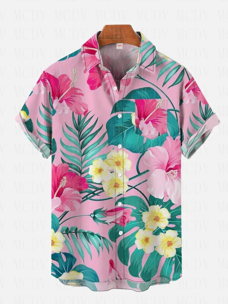 Casual Hawaiian Flower Leaves Pattern Printing Breast Pocket Short Sleeve Shirt 3D Hawaiian Shirts Summer