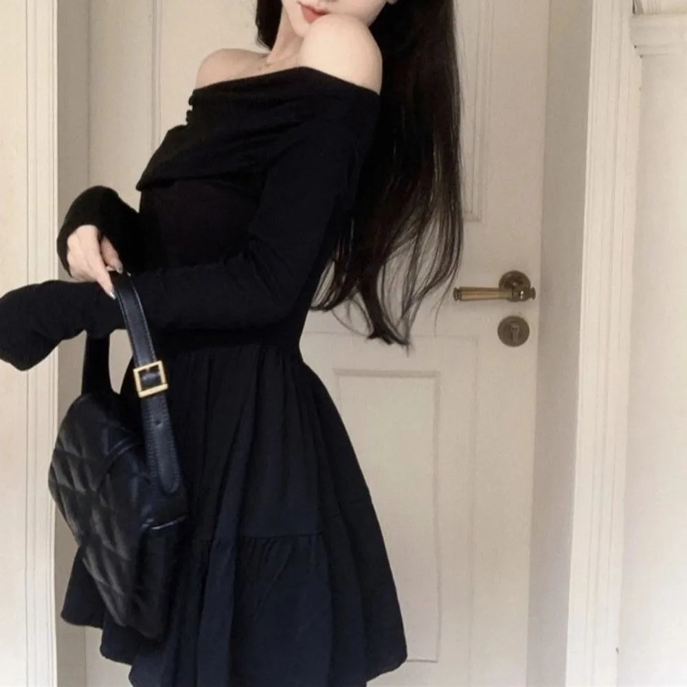 Long Sleeved Slim Short Skirt Korean Fashion Lightweight One Collar Dress Leisure Slim Fit A-line Short Skirt Autumn Spring