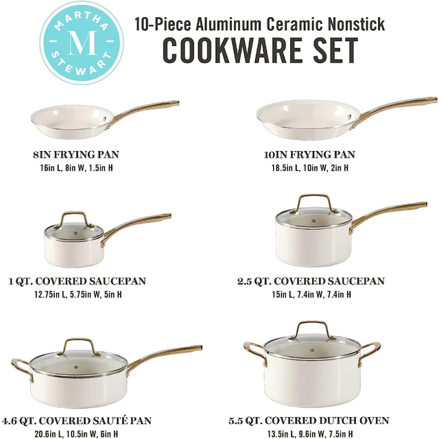 Martha Stewart Collection Lockton Ceramic Interior 10 Piece Cookware Set - Butter Cream