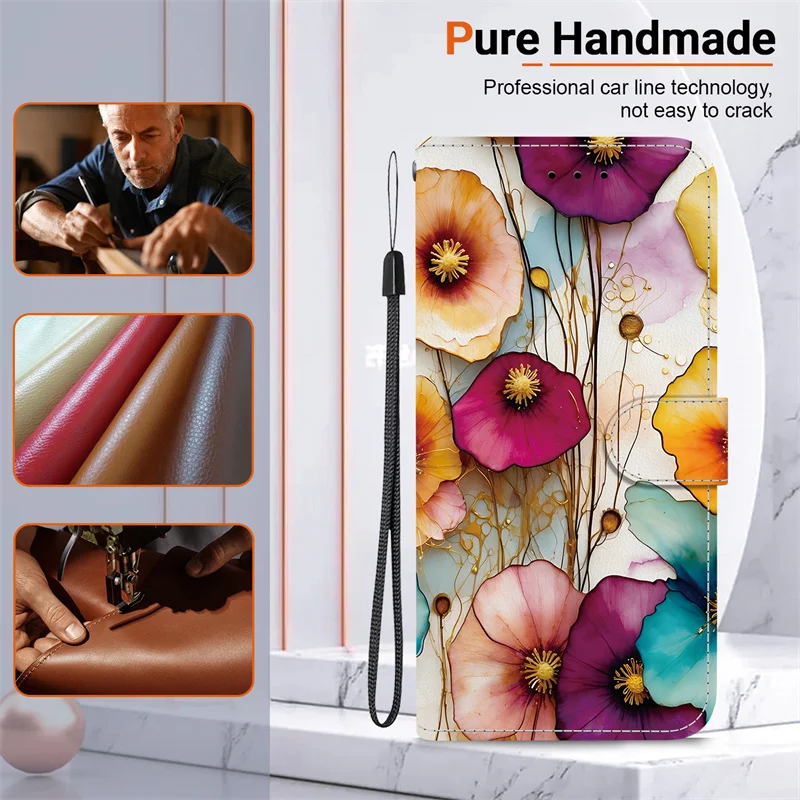 Retro Flower Wallet Stand Back Cover Case with Strap