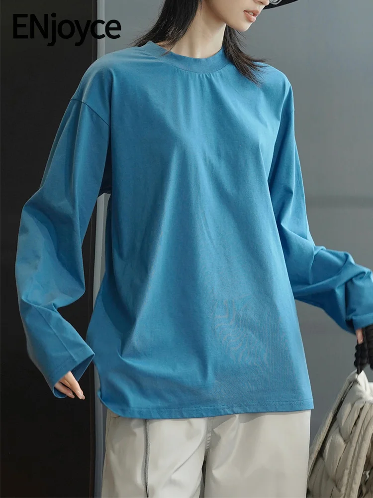 

ENjoyce 2023 Autumn Women Simple Basic Round Neck Cotton T-Shirts Ladies Korean Casual Loose Long Sleeve Pullovers Tee Tshirt