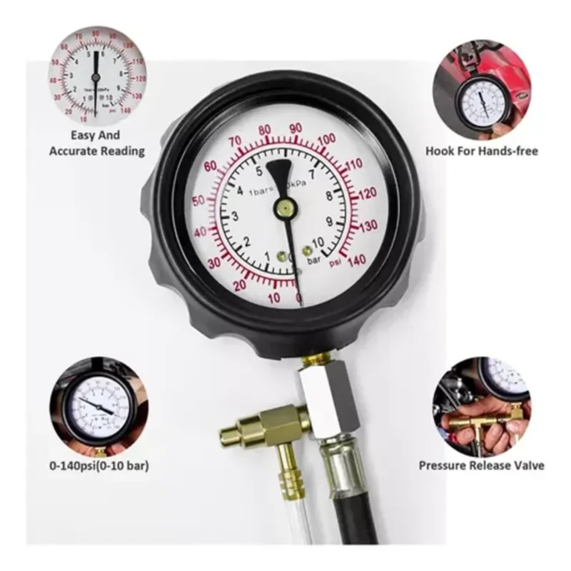 Fuel Pressure Tester Gauge Kit 140PSI Automotive Engine Injector Pump Test Motorcycle Gasoline Gas Injection Manometer Tool Set 5