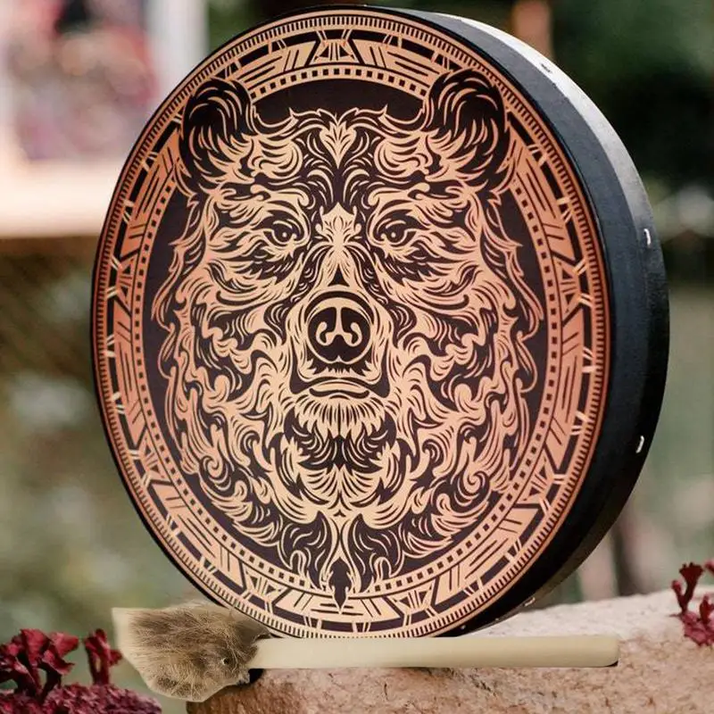 Shamanic Drum 10 Inches Circle Hand Drum With Bear Pattern Small Instruments With Drumstick For Women Men Boys Girls Adults
