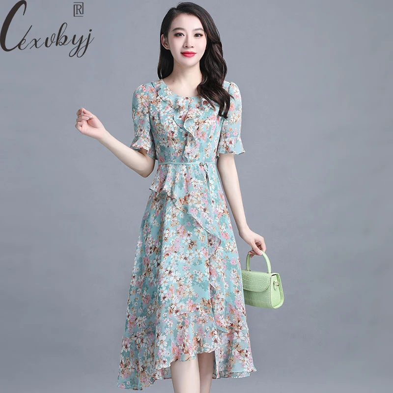 Office-Lady-Chiffon-Print-Dress-2023-Summer-Fashion-Ruffles-Sleeve-Knee ...