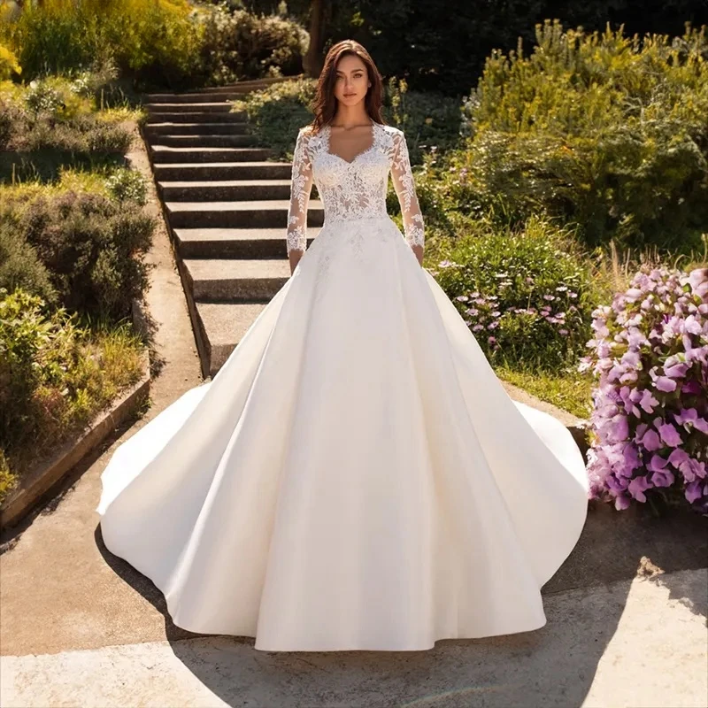

Elegant Satin A-Line Vestidos De Novia Vintage Lace 3/4 Sleeve Wedding Dresses Appliques Vestido De Noiva