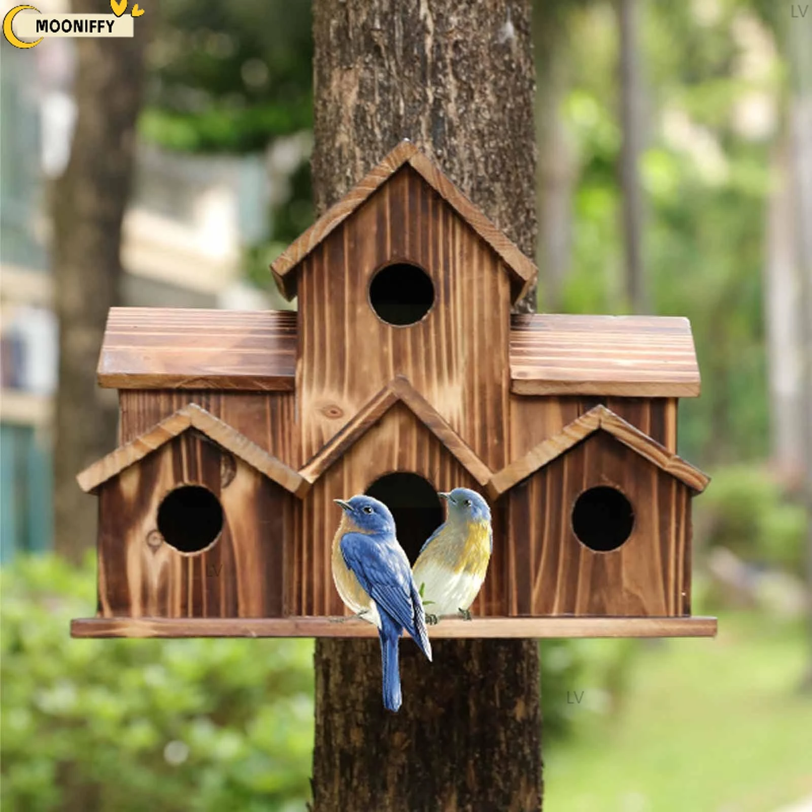 Hanging Wooden Hummingbird House For Outside 6 Hole Handmade Natural