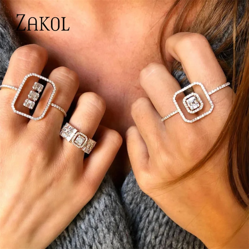 Tanio ZAKOL Fashion spersonalizowany kwadrat geometryczny podwójne pierścienie dla kobiet