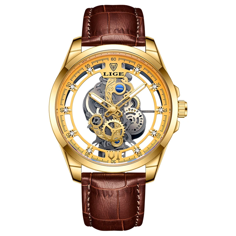 LIGE Gold Skeleton Retro Luxury Men's Wristwatch