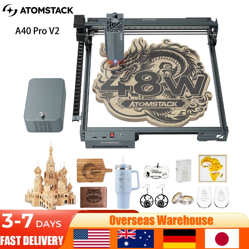 ATOMSTACK 48W Laserowa grawerka A40 PRO V2 z automatycznym asystentem powietrznym, precyzyjna maszyna do grawerowania laserowego do drewna i metalu