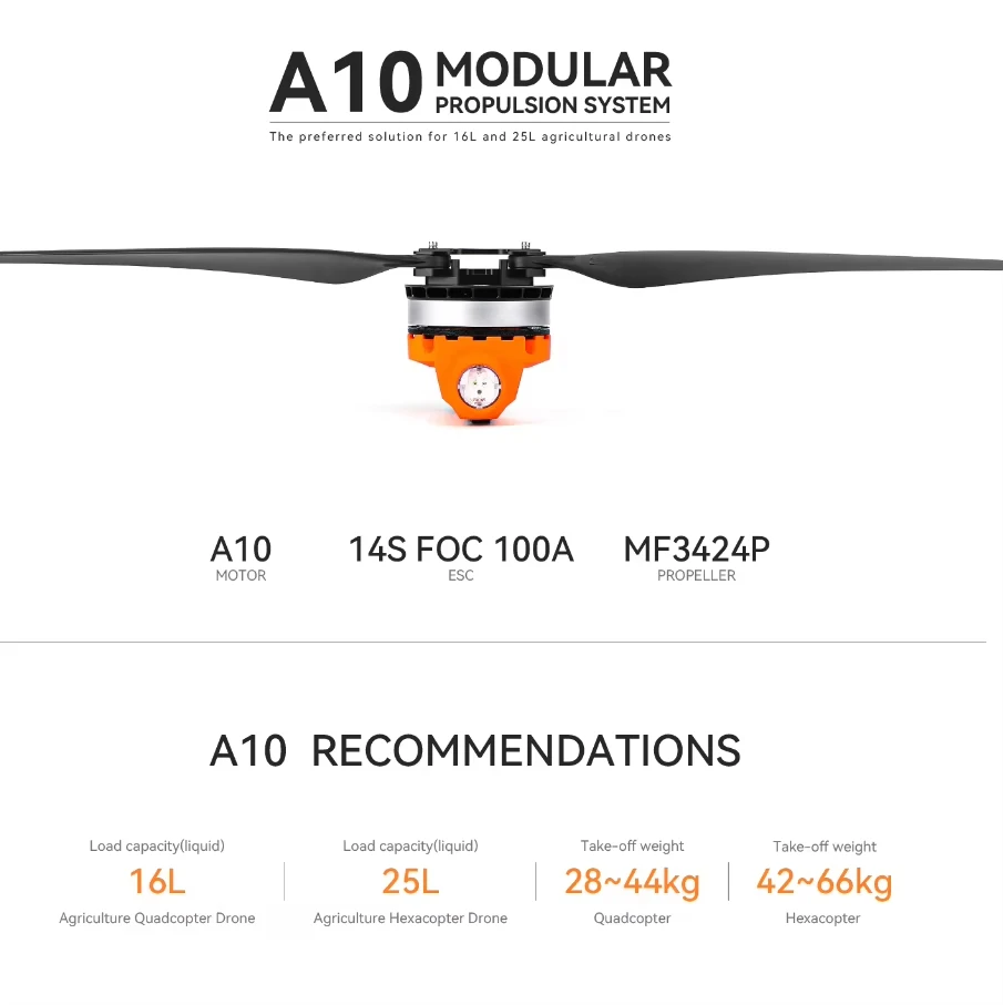 Moteur A10 14S avec dissipateur thermique et connecteurs, conçu pour une puissance élevée en vol.