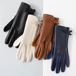 Fashion Suede Bow Plus Velvet Thicken Coldproof Touch Screen Women's Winter Outdoor Sports Skiing Riding Warm PU Leather Gloves