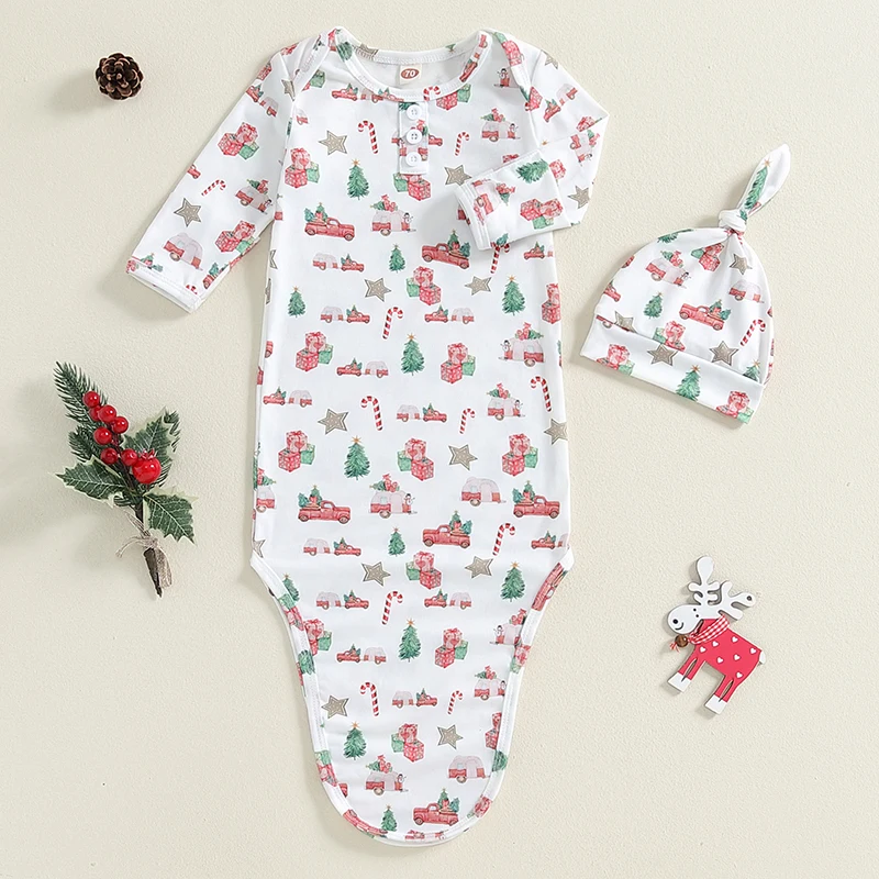 Christmas Baby Gown with Hat Tie Bottom Newborn Receiving Blanket Cap Set for Boys Girls