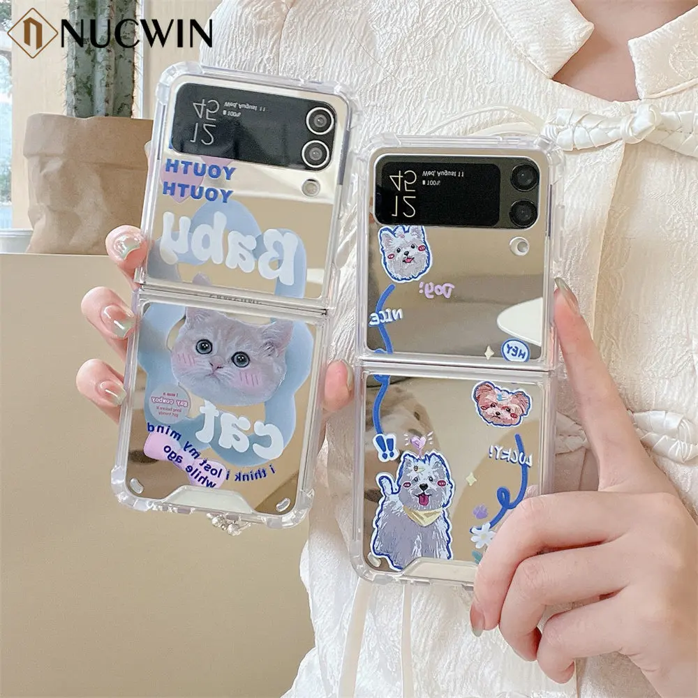 Per Samsung Zflip 5 4 Cartoon Mirror Cat Star Case Per Samsung Galaxy Z Flip 5 4 3 Flip4 Flip5 Make Up Airbag Cover Antiurto