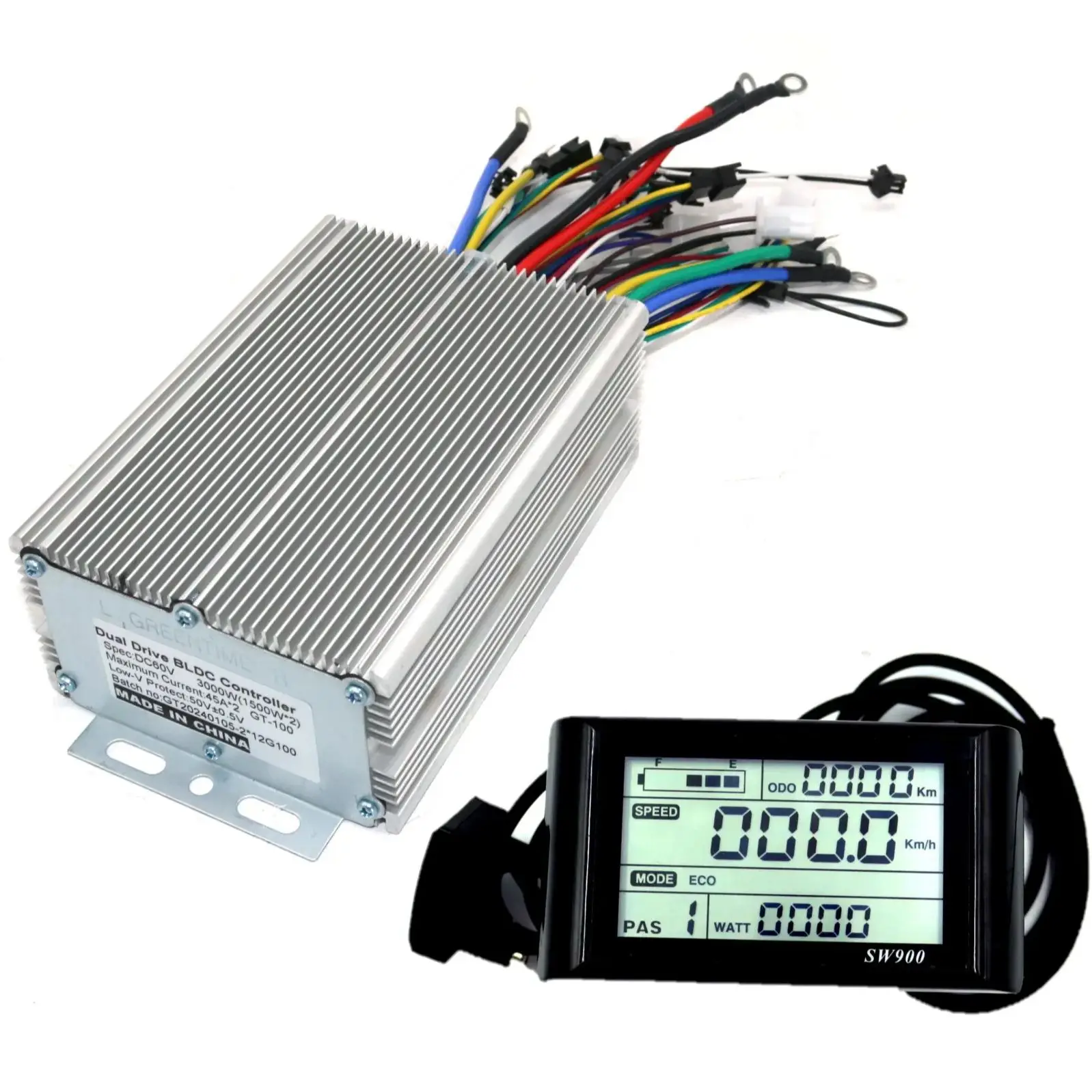 GREENTIME Dual Drive 48/60/72V 3000W Sine Wave Brushless DC Motor Controller Electric Scooter E-bike Driver and SW900 One Set