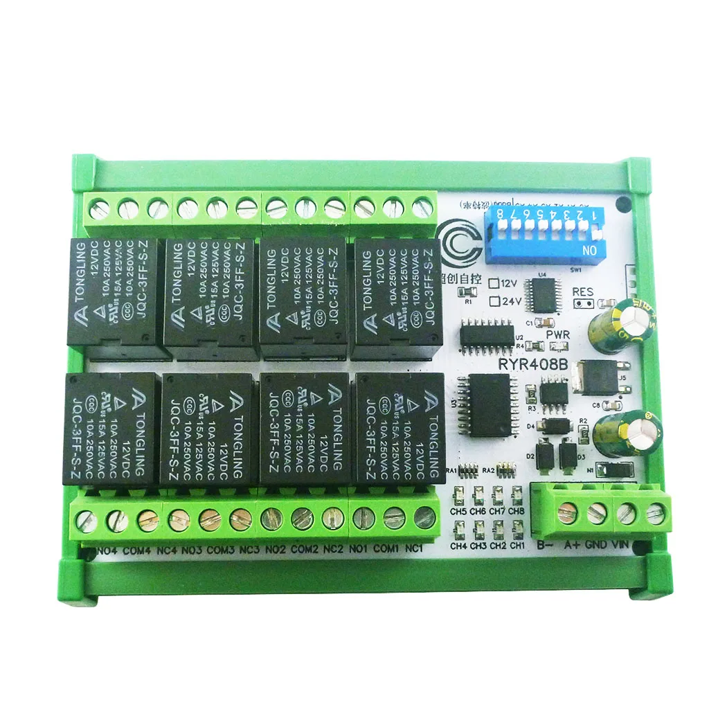DC 12V 24V 8CH DIP 스위치 세트 매개변수 RS485 릴레이 보드 Modbus RTU PLC 원격 IO 모듈 RYR408B C35 DIN BOX