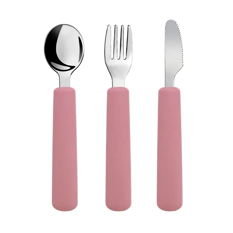 Food Grade Baby Silicone Handle Stainless Steel Spoon Fork Knife Toddler Safe Tableware Set Kids Easy Feeding Tools Baby Stuff 5