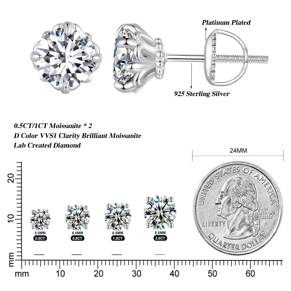 Bamoer U 0.5/1CT D Color VVS1 EX Moissanite Stud Earrings S925 Platinum Plated Earrings Lab Diamond Shining Valentine\'s Day Gift