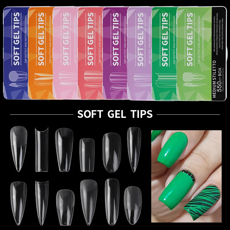 Fake Nails Acrylic Long Capsules Almond French Coffin Full Half Cover Soft Gel Tips