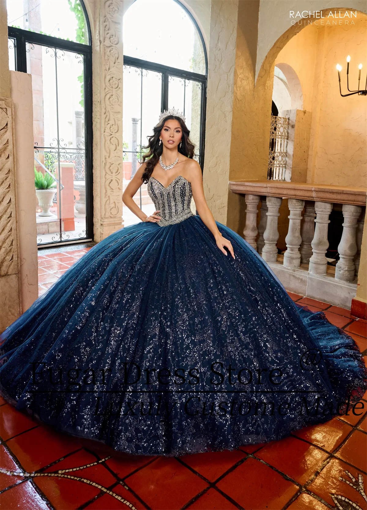 Tule Vestido Azul Marinho Com Prata Luxuly Saia Linha A Princesa