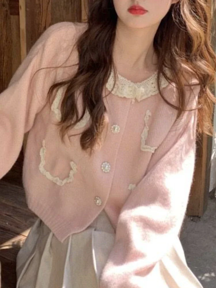 

Winter Sweet Knitted Cardigan Women Pink Warm O-neck Vingate Sweater Coat Female Korean Fashion Casual Elegant Clothes 2023 New