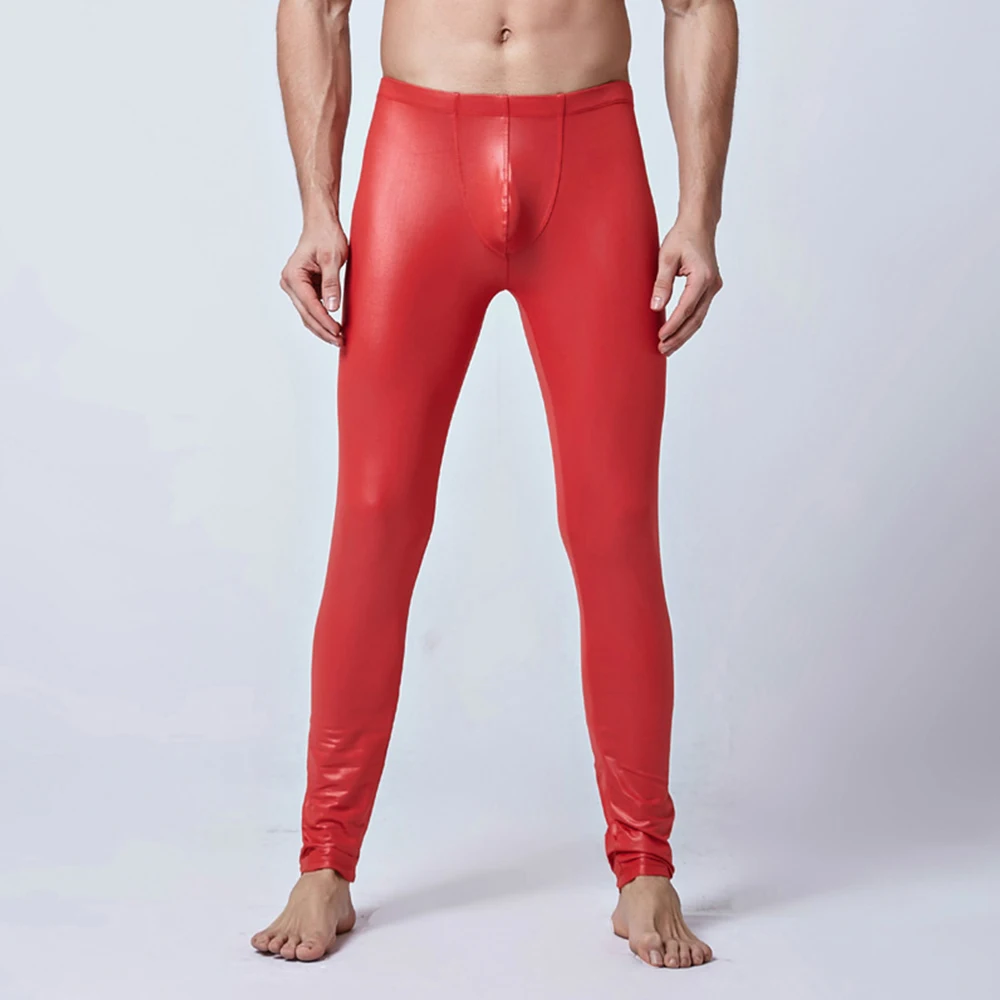 Stretch Long Pants Men Sexy Slim Wet Look PU Leather Pants Big Penis Big Pouch Trousers Tight Leggings Club Nightclub Stage Show