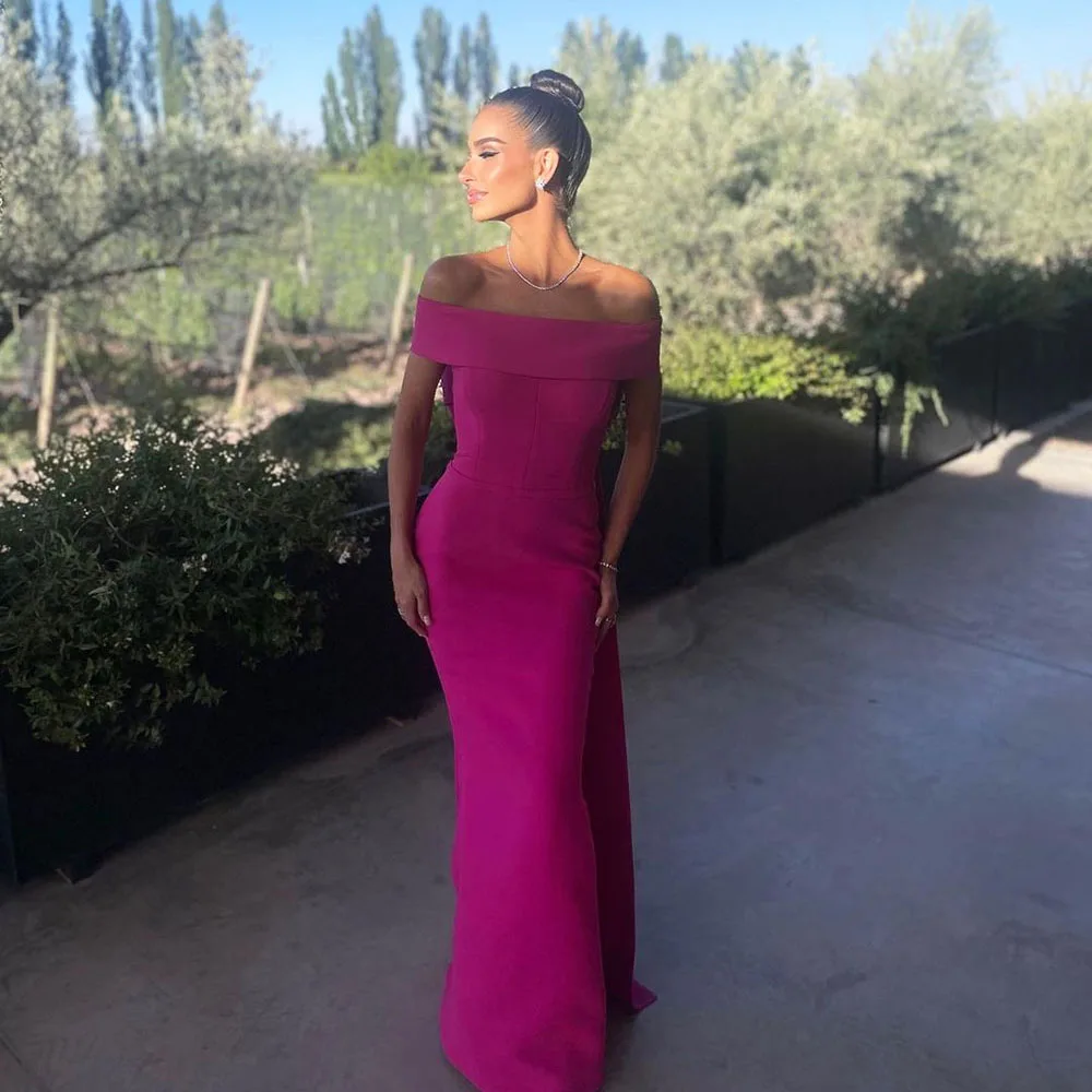 

Msikoods Hot Pink Bodycon Evening Dresses Off The Shoulder Bow Formal Party Gowns Elastic Satin Prom Banquet Dresses Night Gown