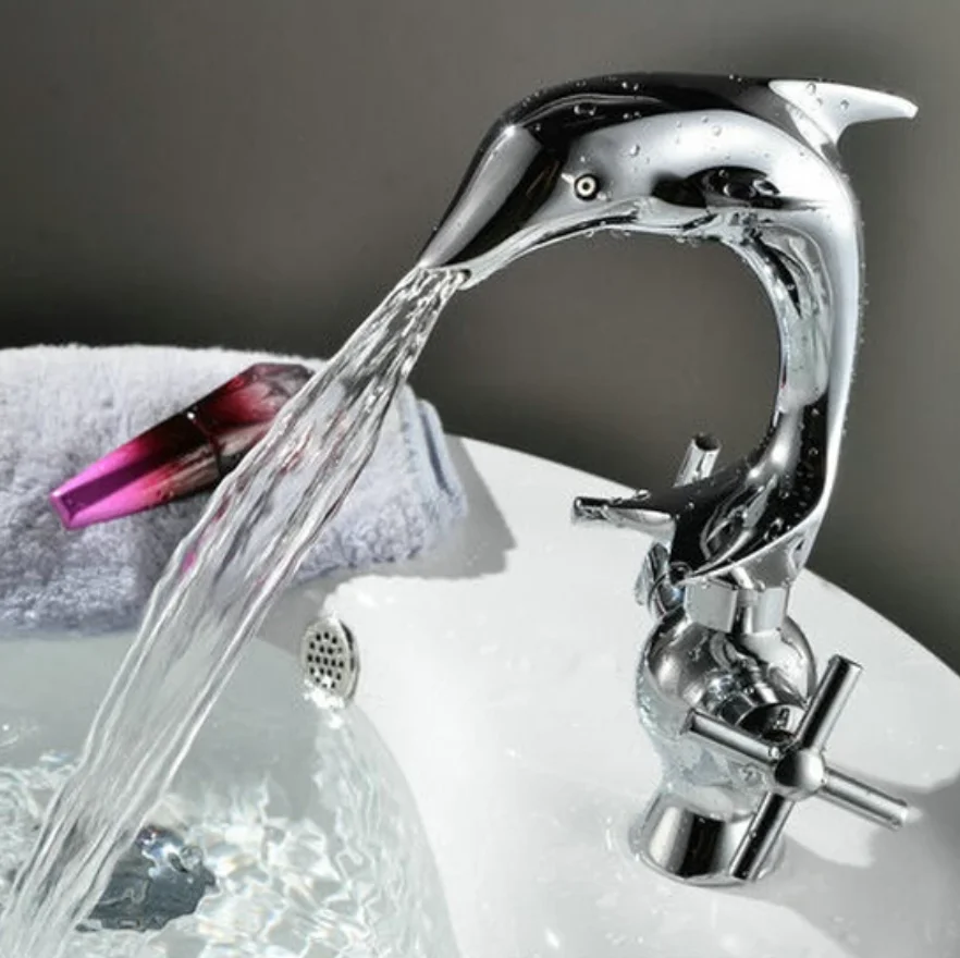 Chrome Polished Brass Basin Mixer Tap Dual Handle Hot and Cold Faucet Dolphin style bath mixer terneira faucet