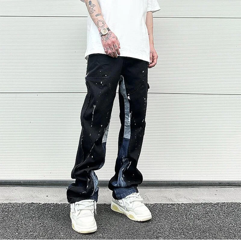 Jeans salpicados de tinta estilo vibe masculino, calça jeans