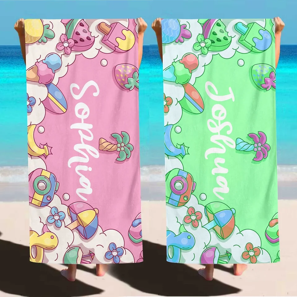 Serviette De Plage Personnalisée à Rayures Avec Nom - Microfibre Surdimensionnée, Monogramme, Cadeau Vacances Fille