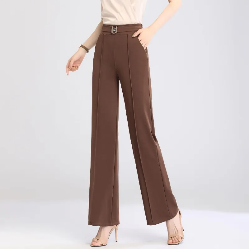 Women's Spring and Autumn New Fashion Elegant Solid Diamonds Pocket Elastic Casual High Waist Loose Wide Leg Straight Leg Pants