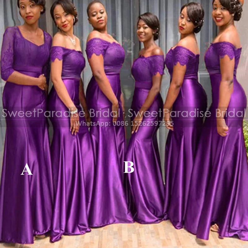 

Purple Lace Mermaid Bridesmaid Dresses With Short Sleeves Off Shoulder Plus Size Women Long Trumpet Party Dress Maid Of Honor