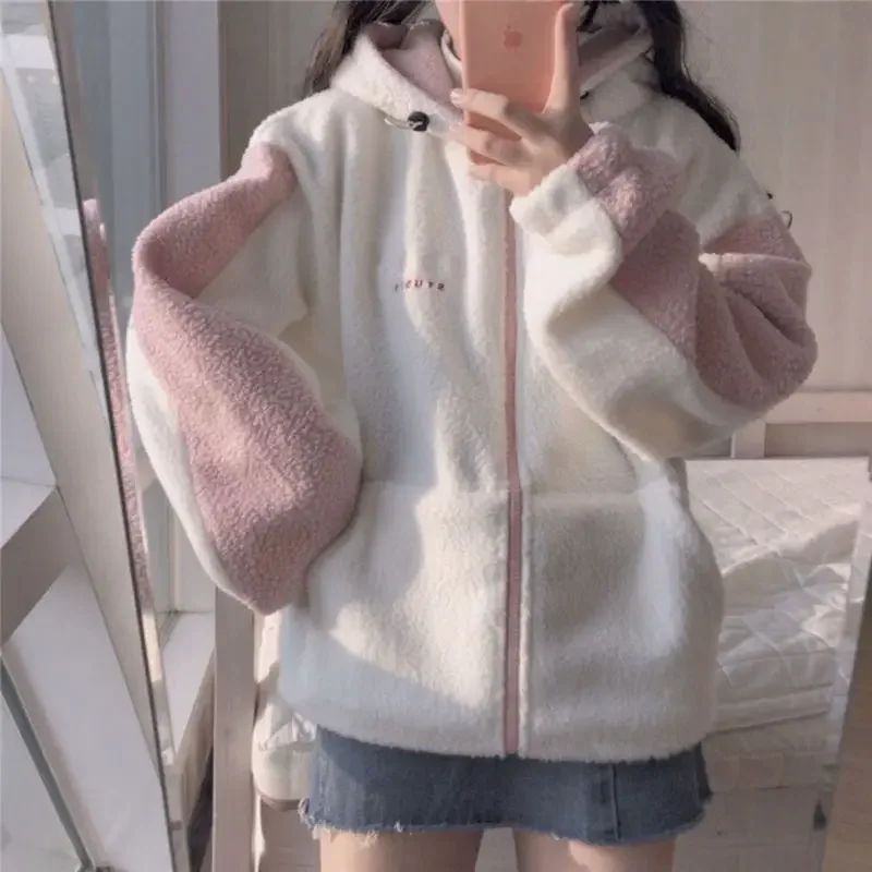 2023 Fall Winter Korean Preppy Style Women Coat Embroidery Imitation Lambswool Female Jacket Kawaii Sweet Japanese Girl Y2k Tops