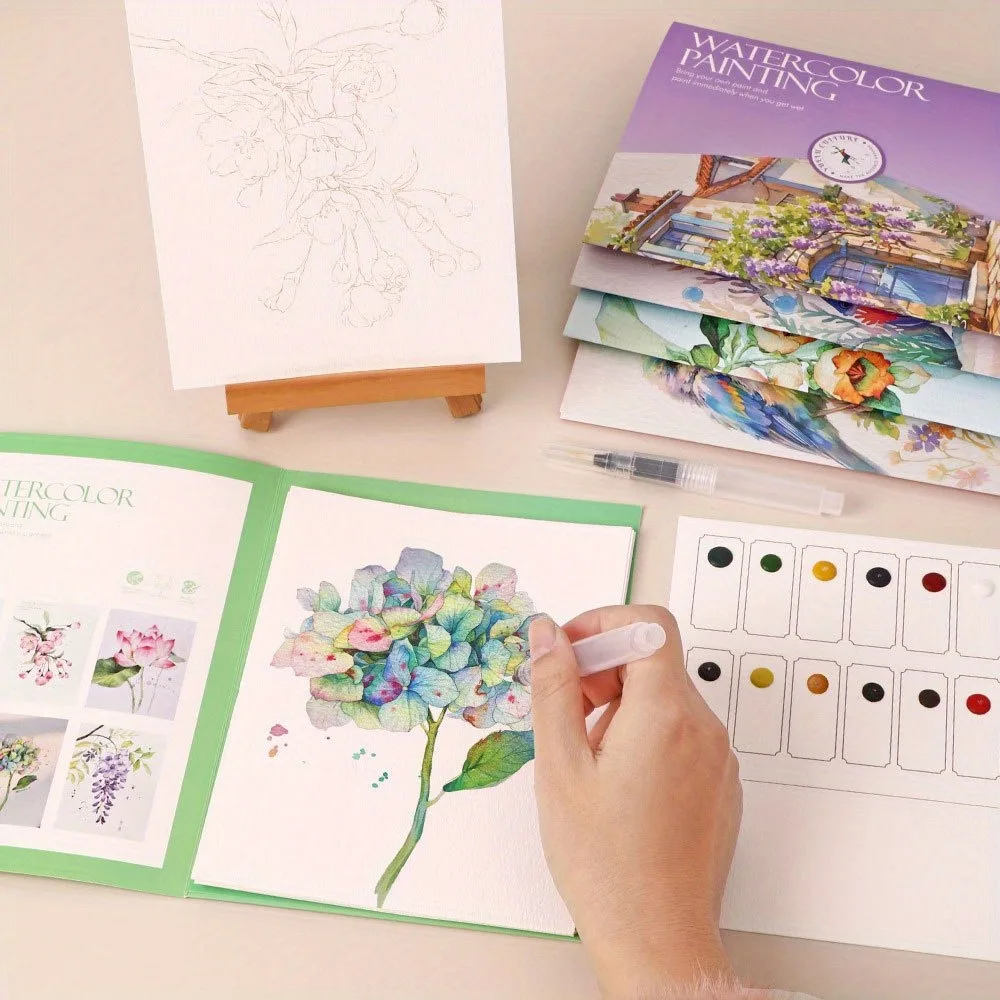 Kit per pittura ad acquerello, libri di disegno lineare con motivi multi-tematici, include carta per acquerello, cartella colori per progetti artistici - immagine 5
